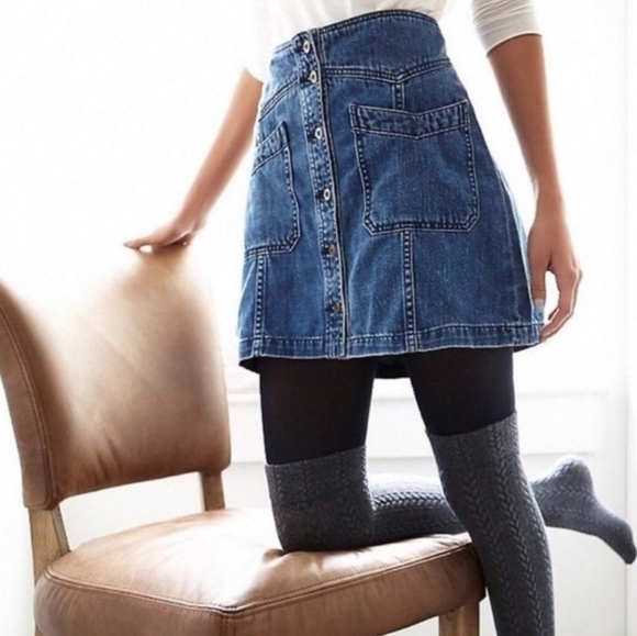 Free People Come A Little Closer Denim Skirt Front Button with Chevron Pockets - Picture 3 of 16